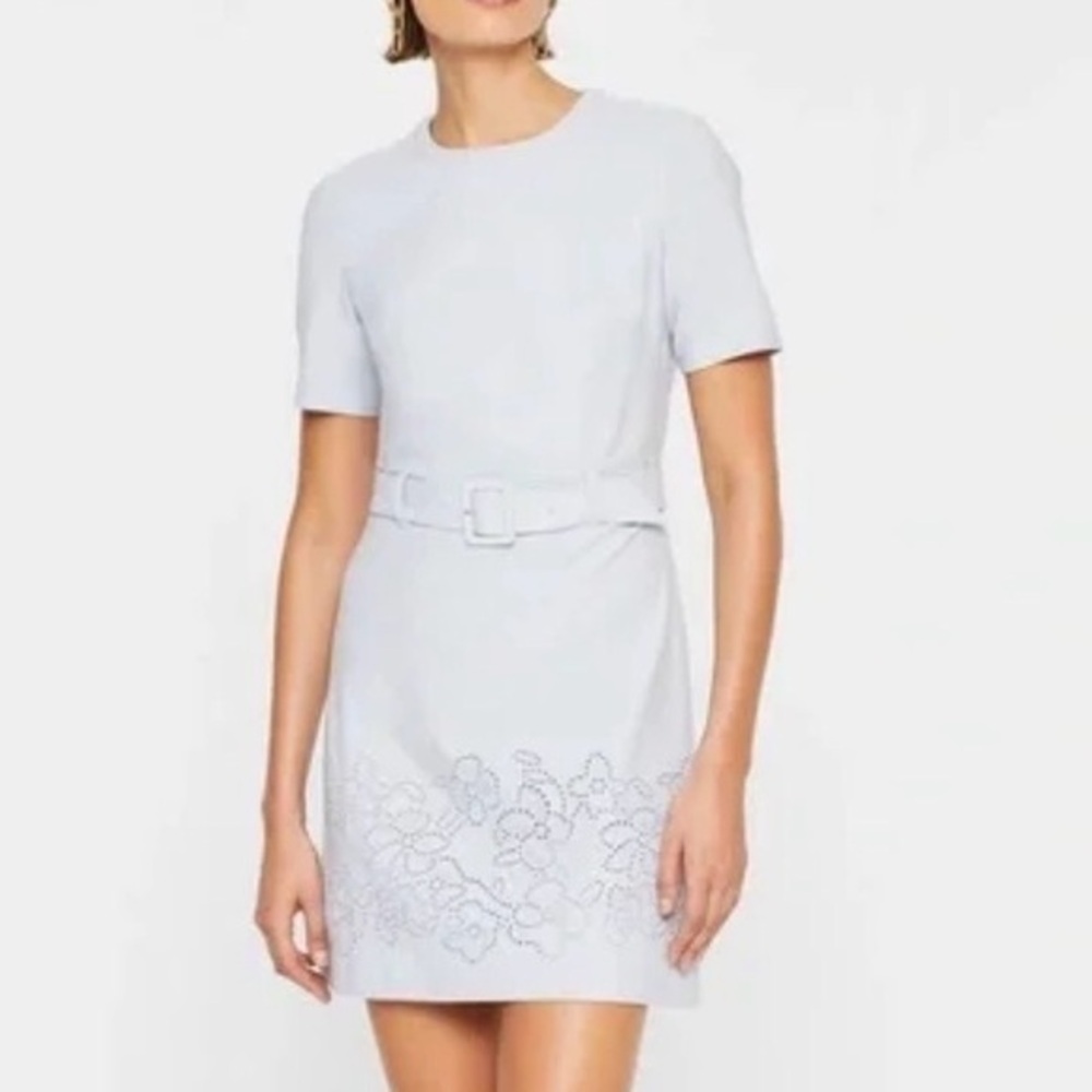 NWT Club Monoco Emboidered Eyelet Sheath Dress Light Blue Belted Size 0